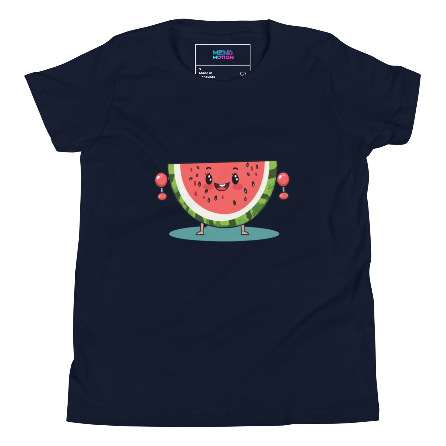 Navy blue youth t-shirt featuring a cheerful watermelon character lifting weights with a happy expression