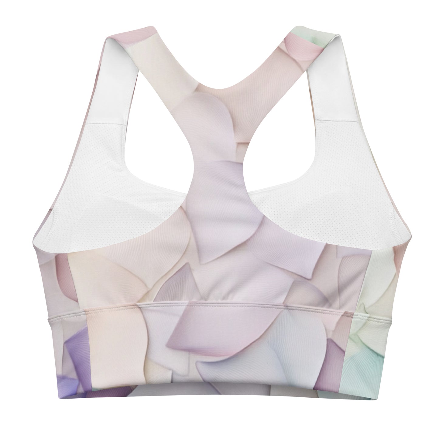 A back view of a longline sports bra with a pastel petal design, highlighting the racerback straps and breathable mesh panel