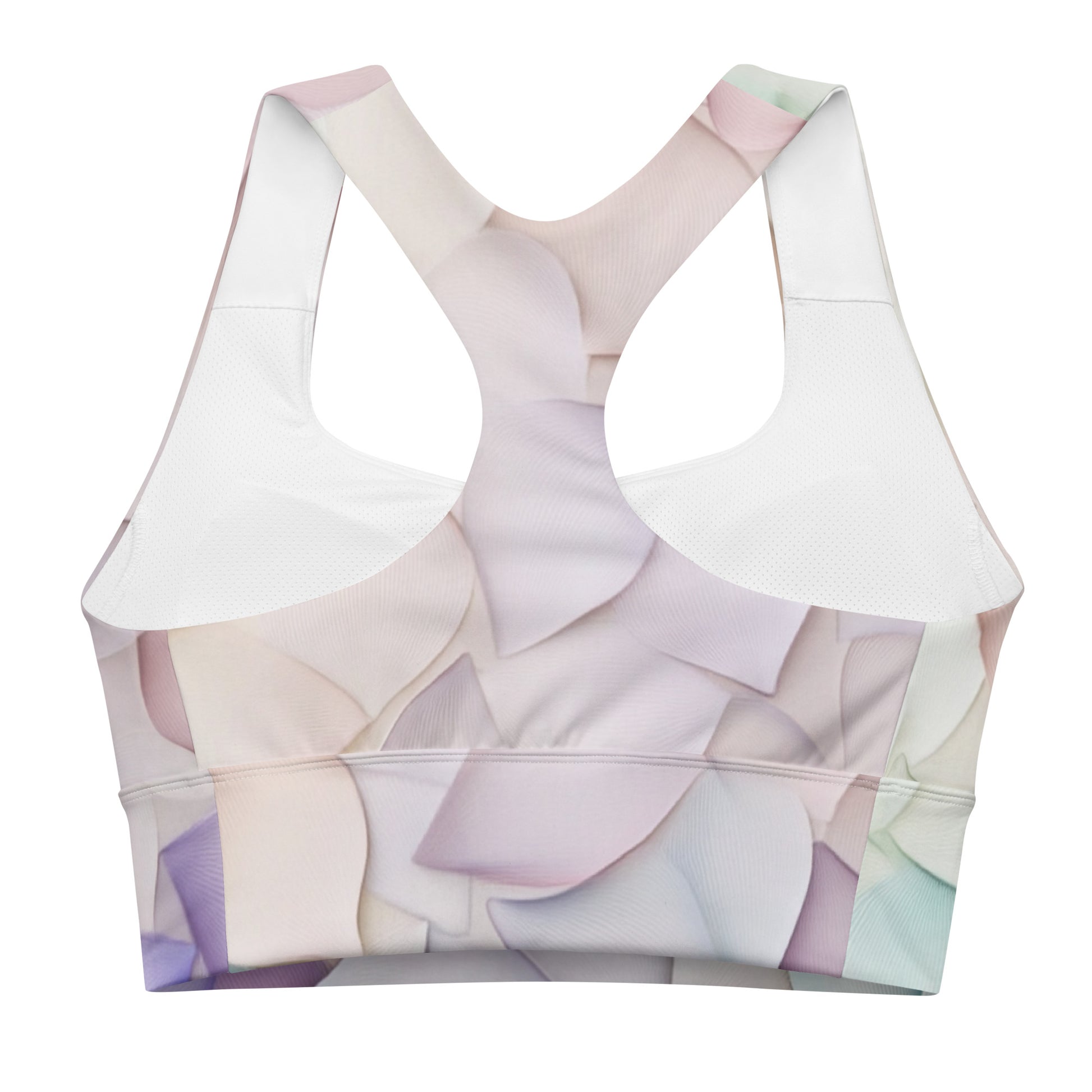 A back view of a longline sports bra with a pastel petal design, highlighting the racerback straps and breathable mesh panel