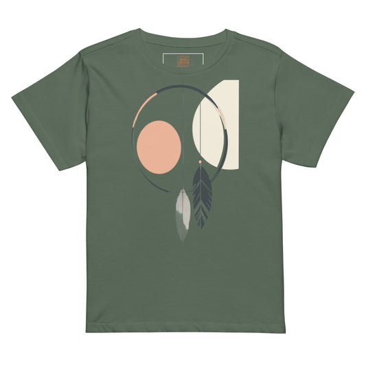 Pine green high-waisted tee with a geometric dreamcatcher and feather design.