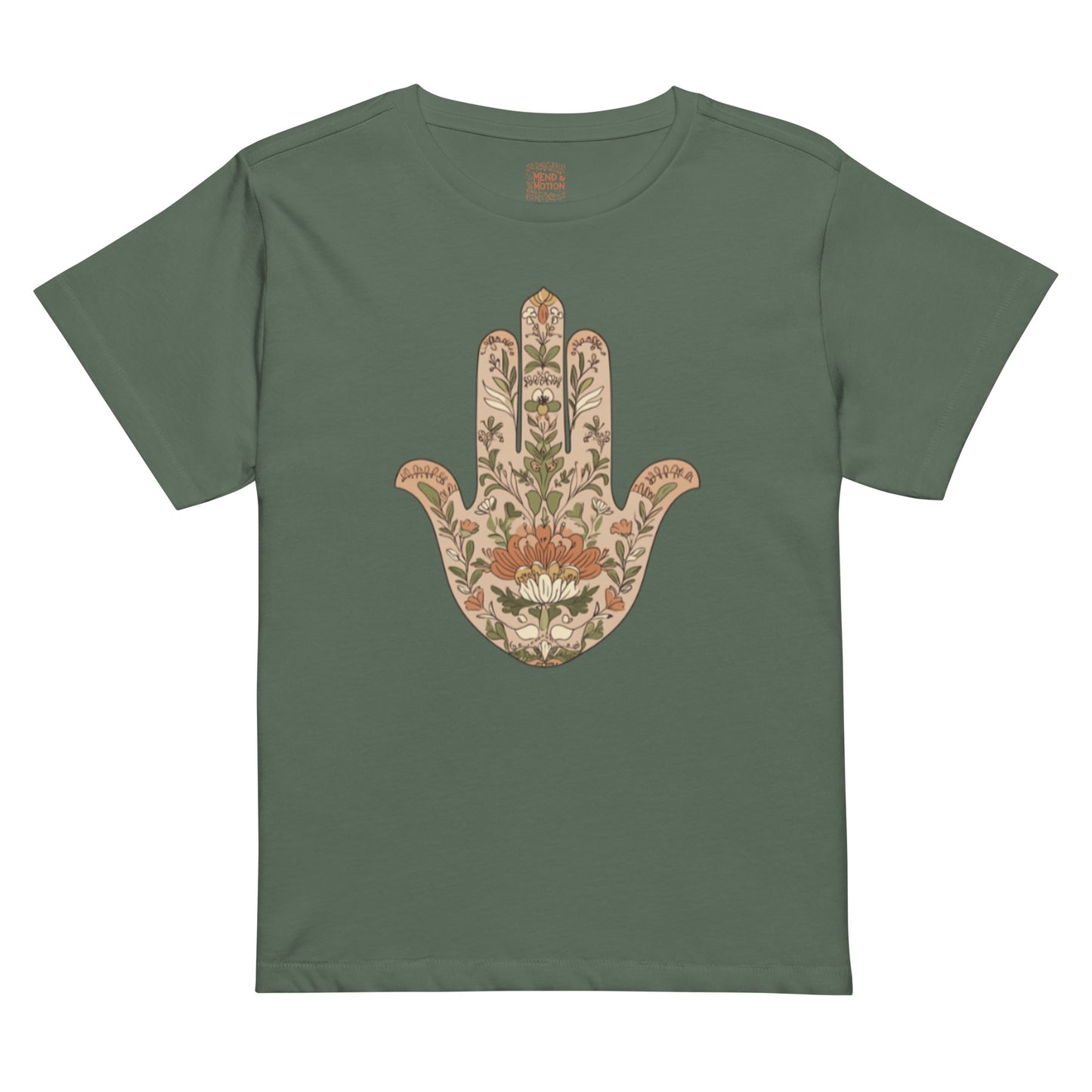 Pine green tee with a detailed floral Hamsa print in earthy tones.