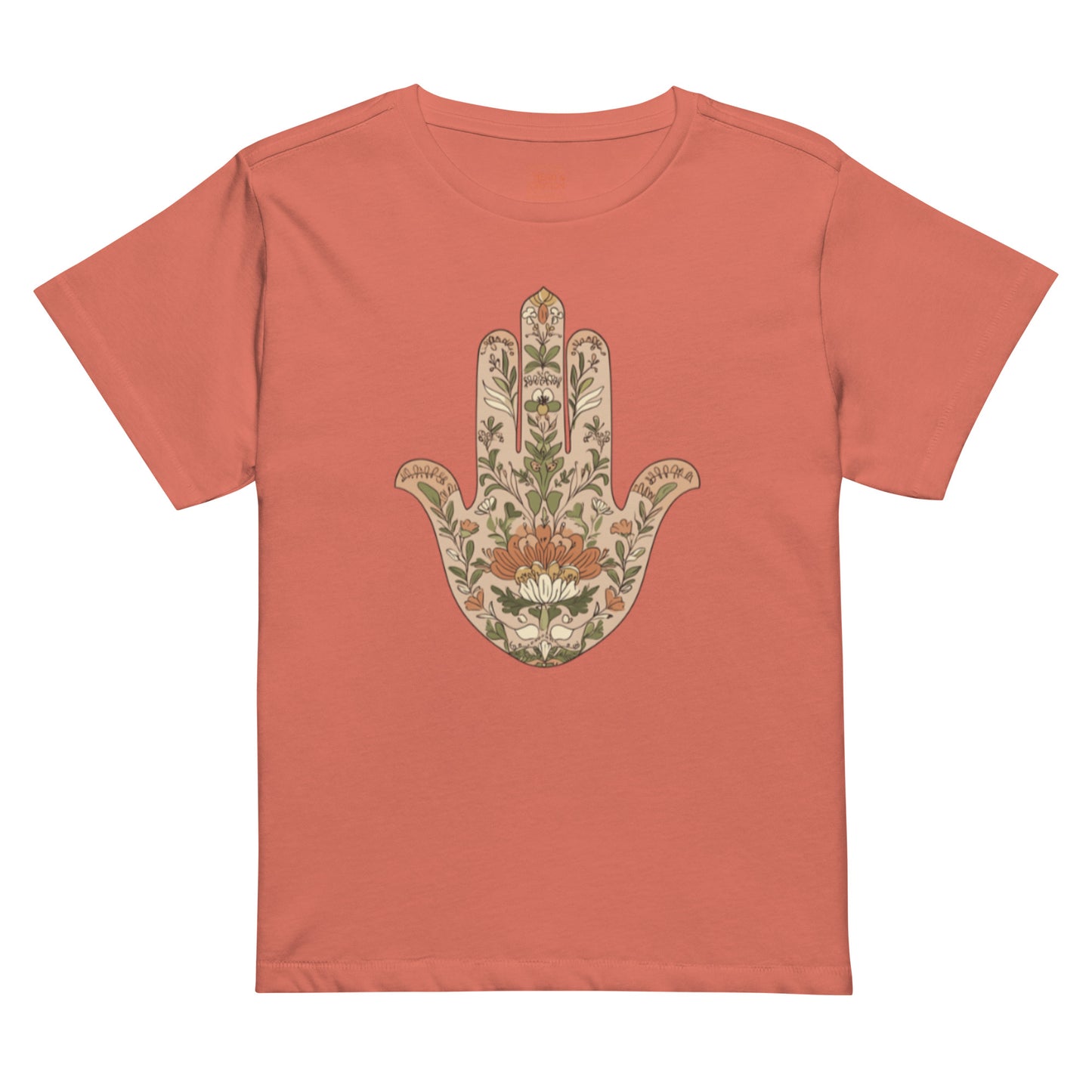 Red sorbet tee with an intricate beige and orange floral Hamsa design.
