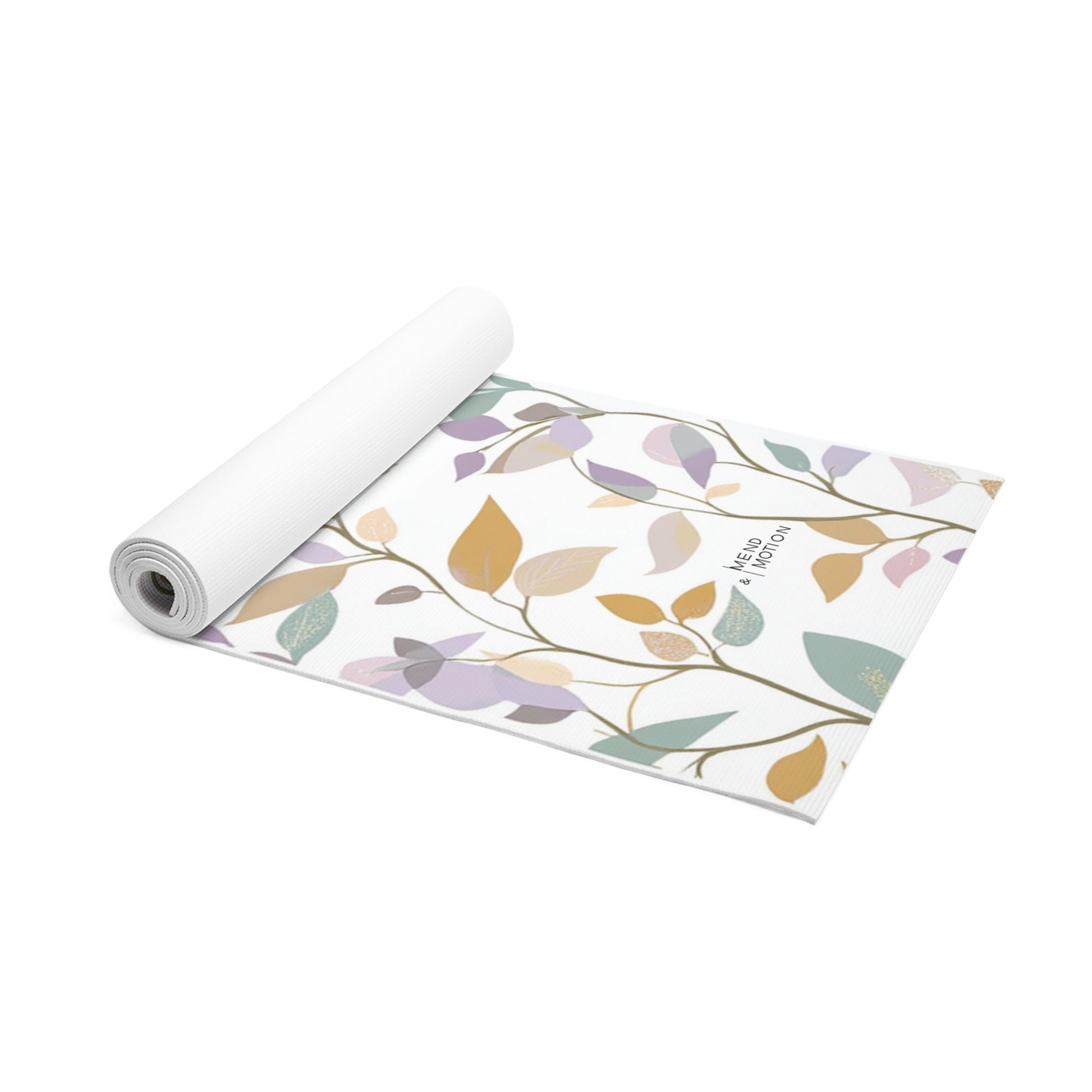 Rolled floral mandala yoga mat showcasing intricate designs in calming pastel hues of blue and orange.