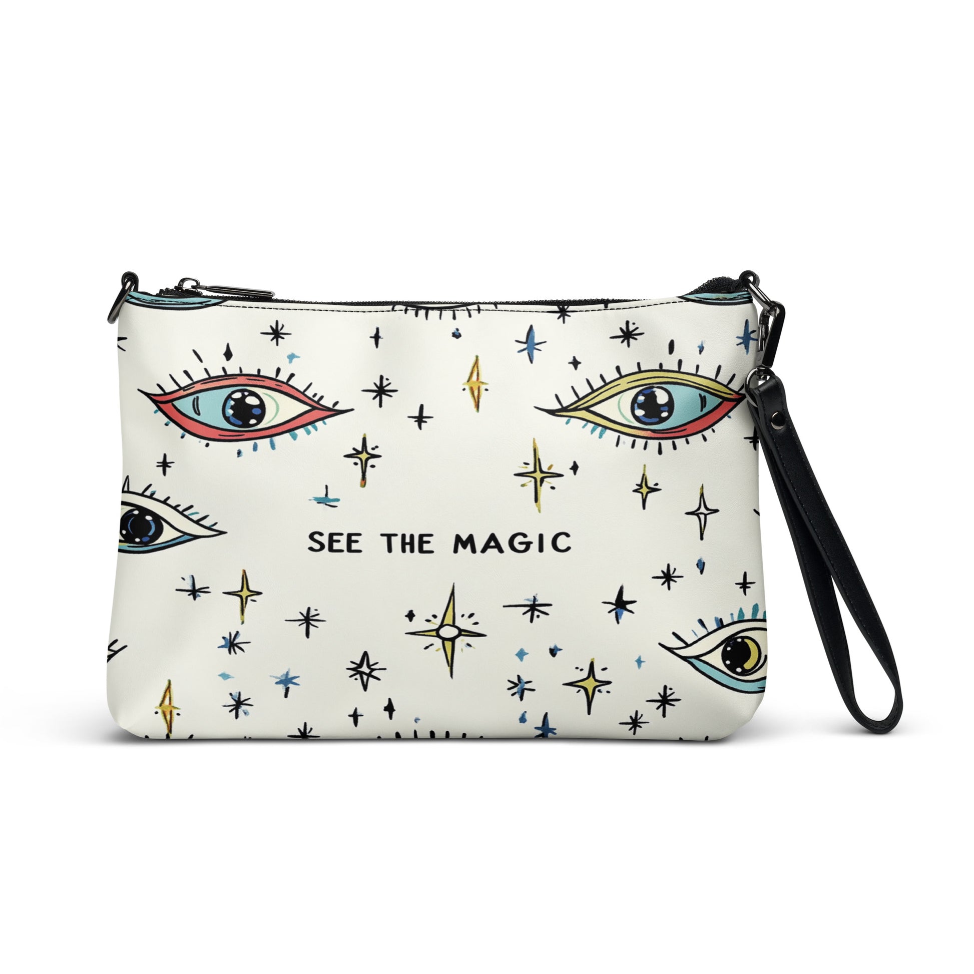 Stylish crossbody bag with celestial and eye illustrations, featuring 'See the Magic' text on the front