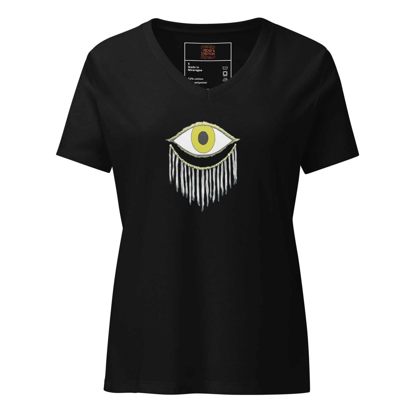 Solid black relaxed v-neck t-shirt showcasing a stylish bohemian eye print for women