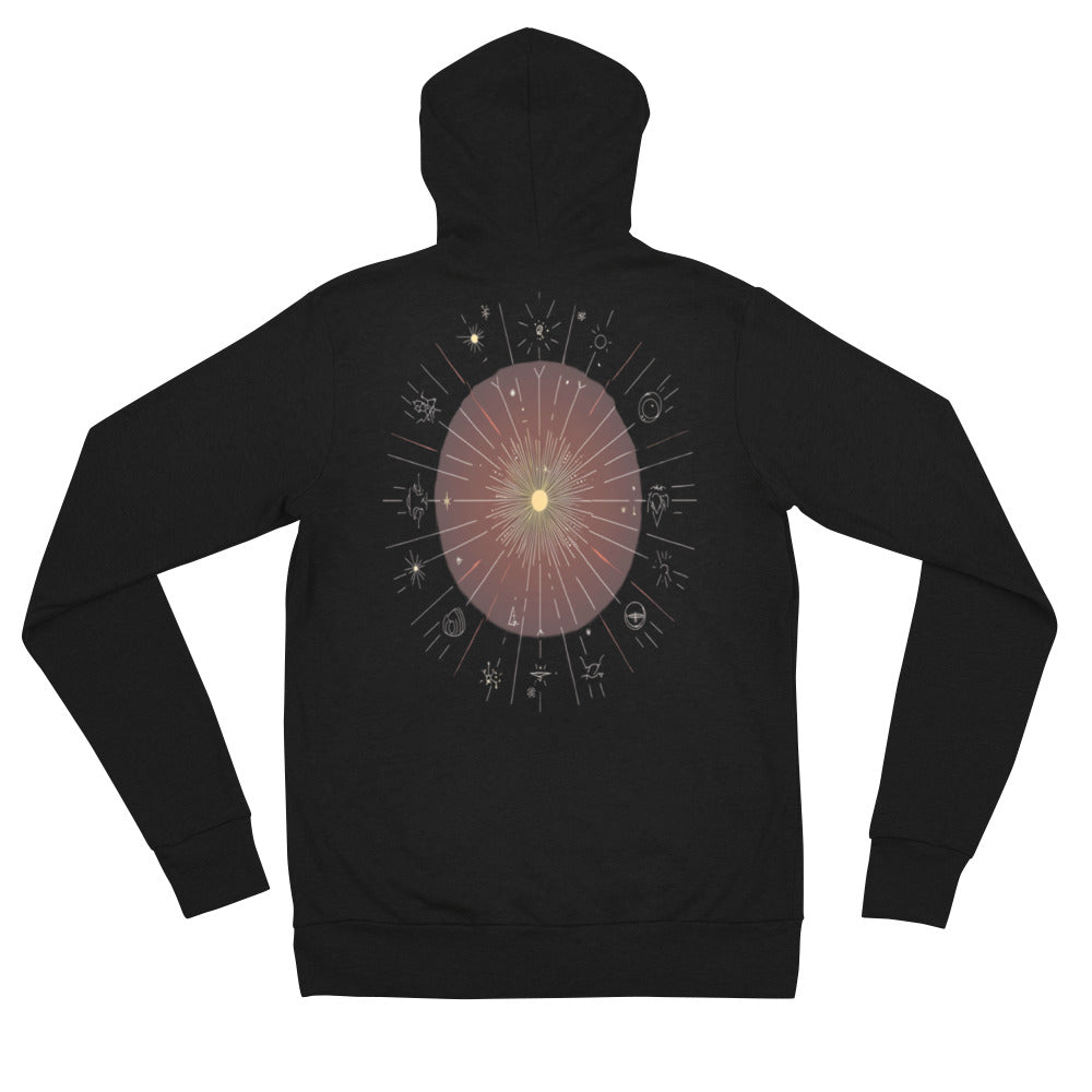 Solid black zip hoodie with a sunburst design featuring a glowing yellow center and cosmic symbols.
