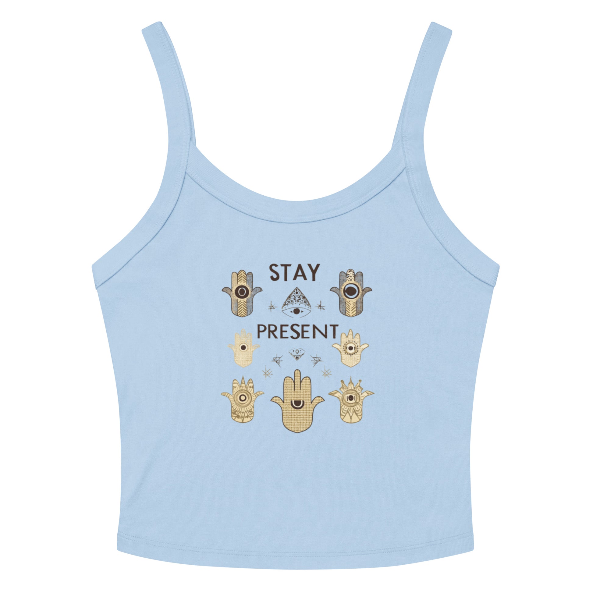 Light blue ribbed tank top with 'Stay Present' and hamsa hand graphic in gold and brown