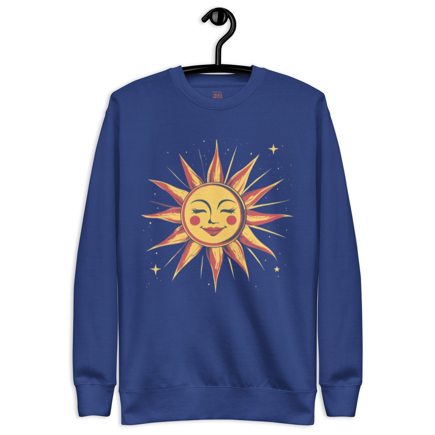 Royal blue sweatshirt with a bright yellow and red sun face centered on a starry night design.