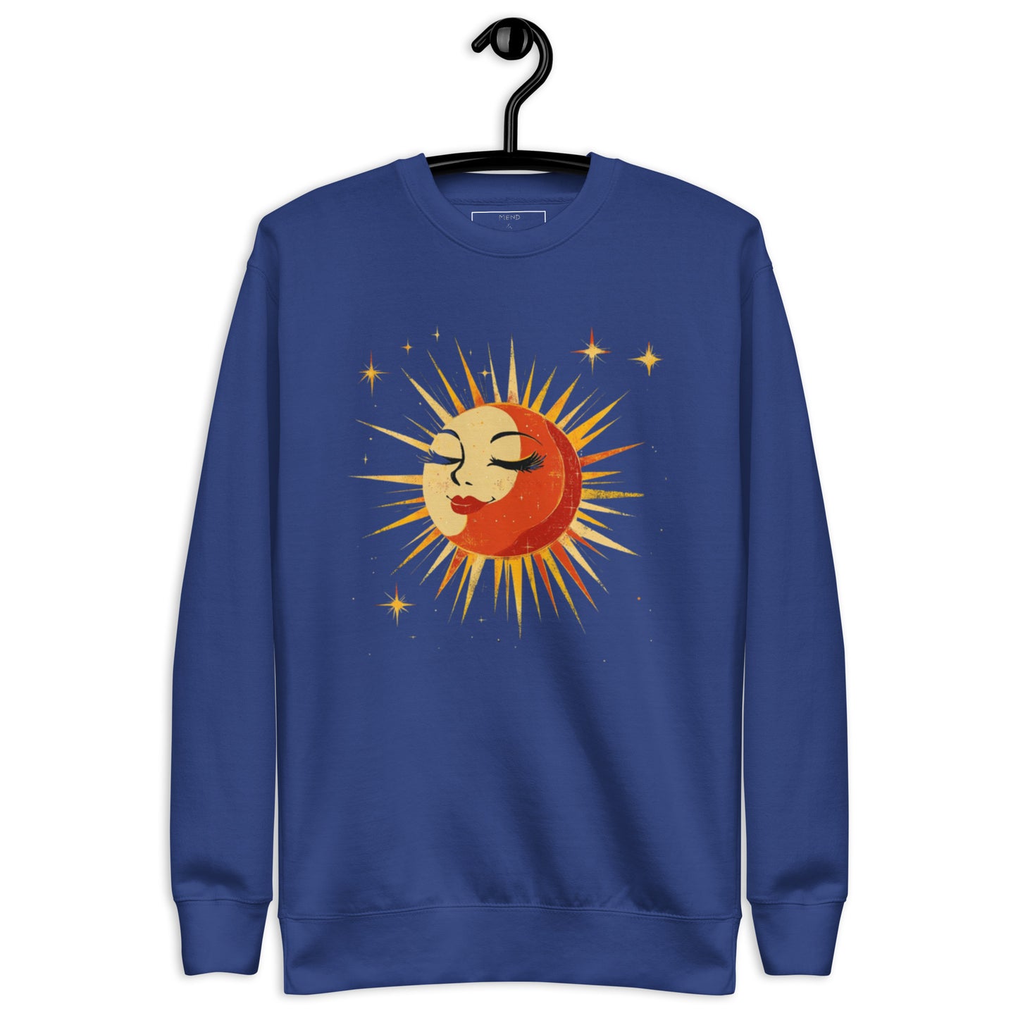 Team royal sweatshirt featuring a sun and moon design, accented with golden rays and stars.