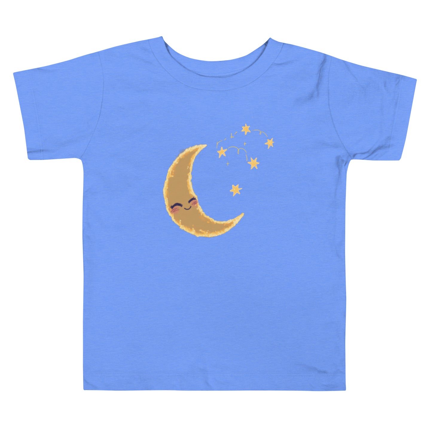 A blue toddler T-shirt featuring a crescent moon with a sleepy face and twinkling stars in gold tones