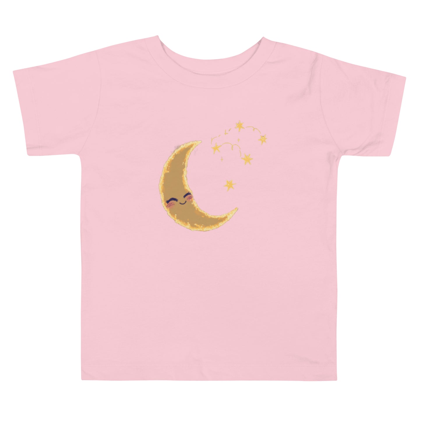 A pink toddler T-shirt featuring a crescent moon with a sleepy face and gold stars in a whimsical design