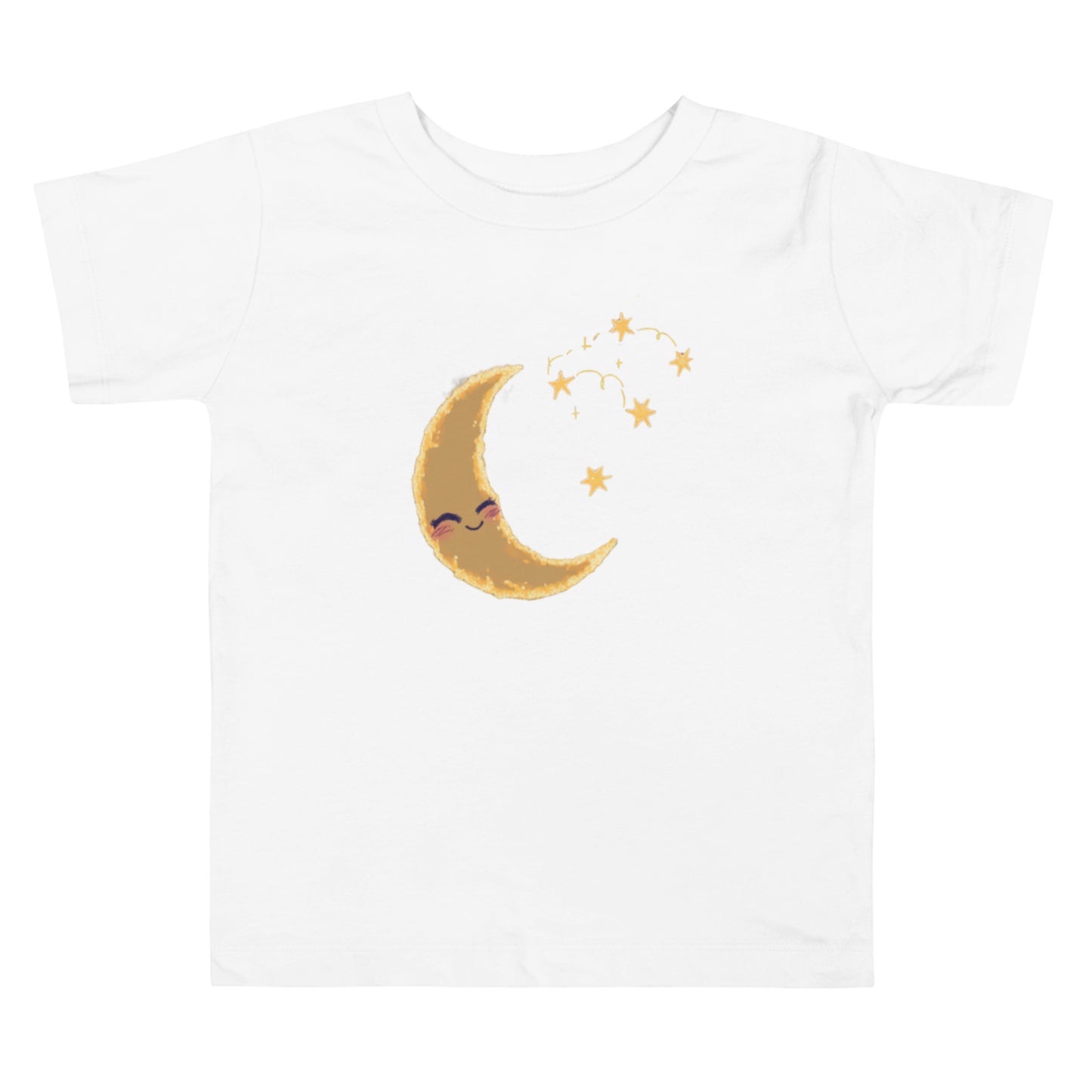 A white toddler T-shirt with a crescent moon featuring a sleepy face and scattered gold stars in a cute design