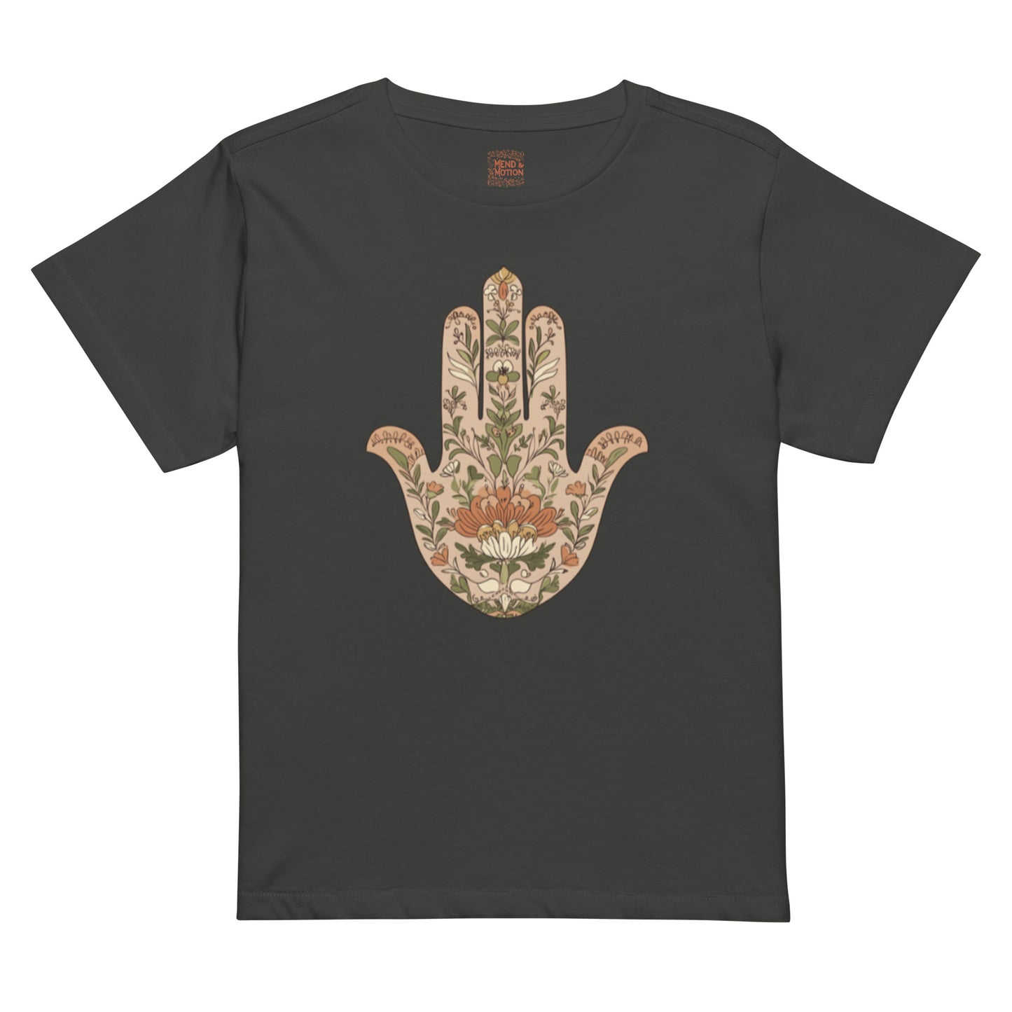 Vintage black tee featuring intricate floral Hamsa artwork.