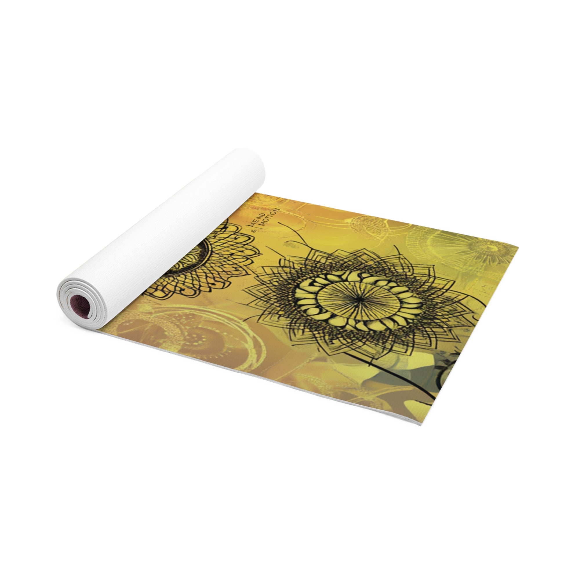 Close-up view of a rolled yoga mat showcasing its durable foam material and detailed mandala design