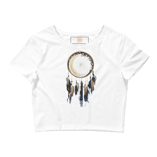 White crop tee with dreamcatcher design including moon and feather accents.