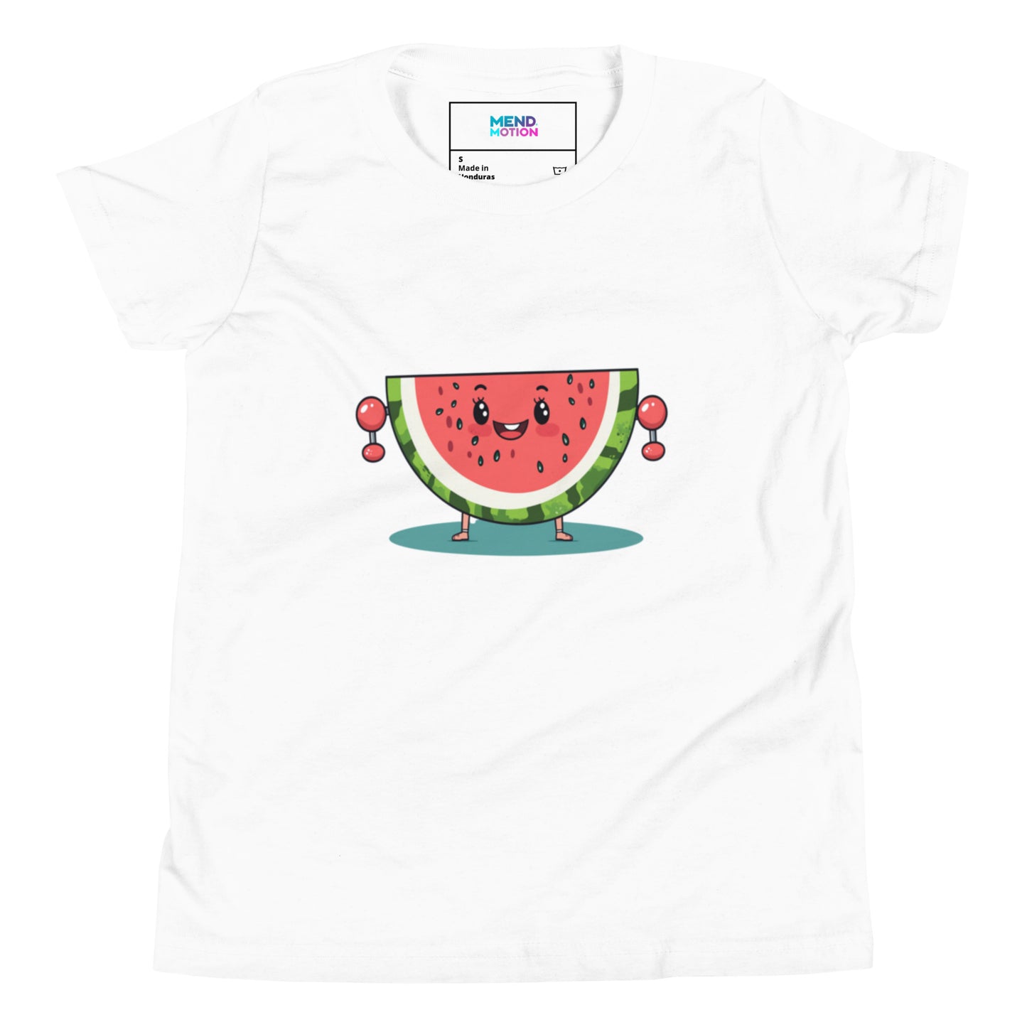 White youth t-shirt featuring a vibrant and smiling watermelon character lifting weights