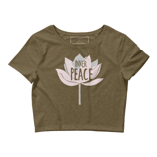 A flat-lay image of a heather olive crop tee featuring the lotus flower and "Inner Peace" design.