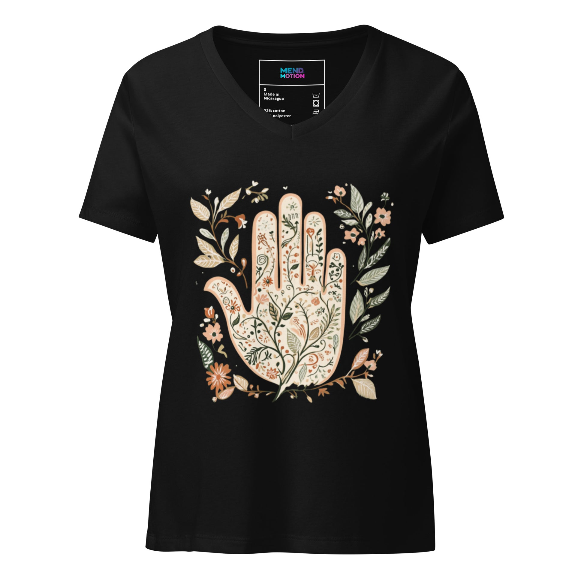 olid black women's V-neck t-shirt adorned with an elegant floral Hamsa design.
