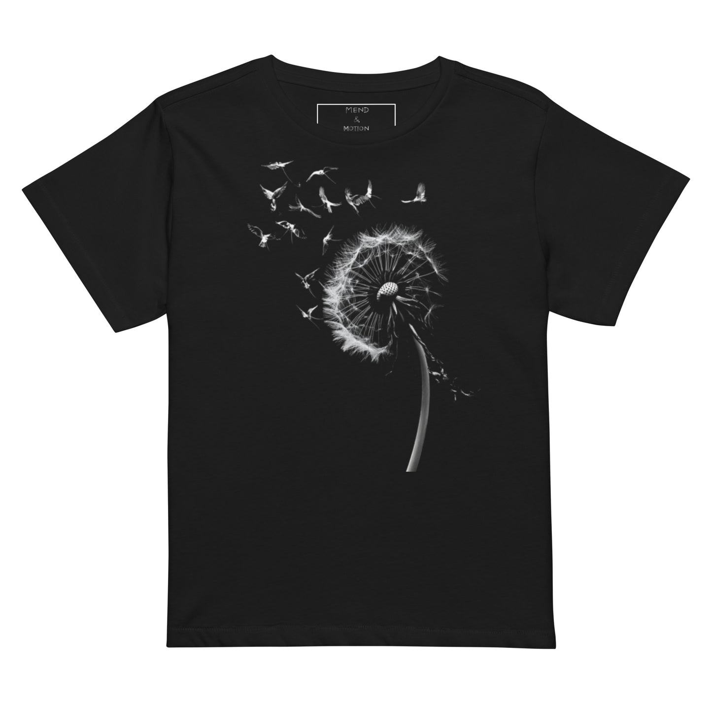 A black high-waisted tee featuring an elegant white dandelion design with flying birds, symbolizing freedom and transformation.