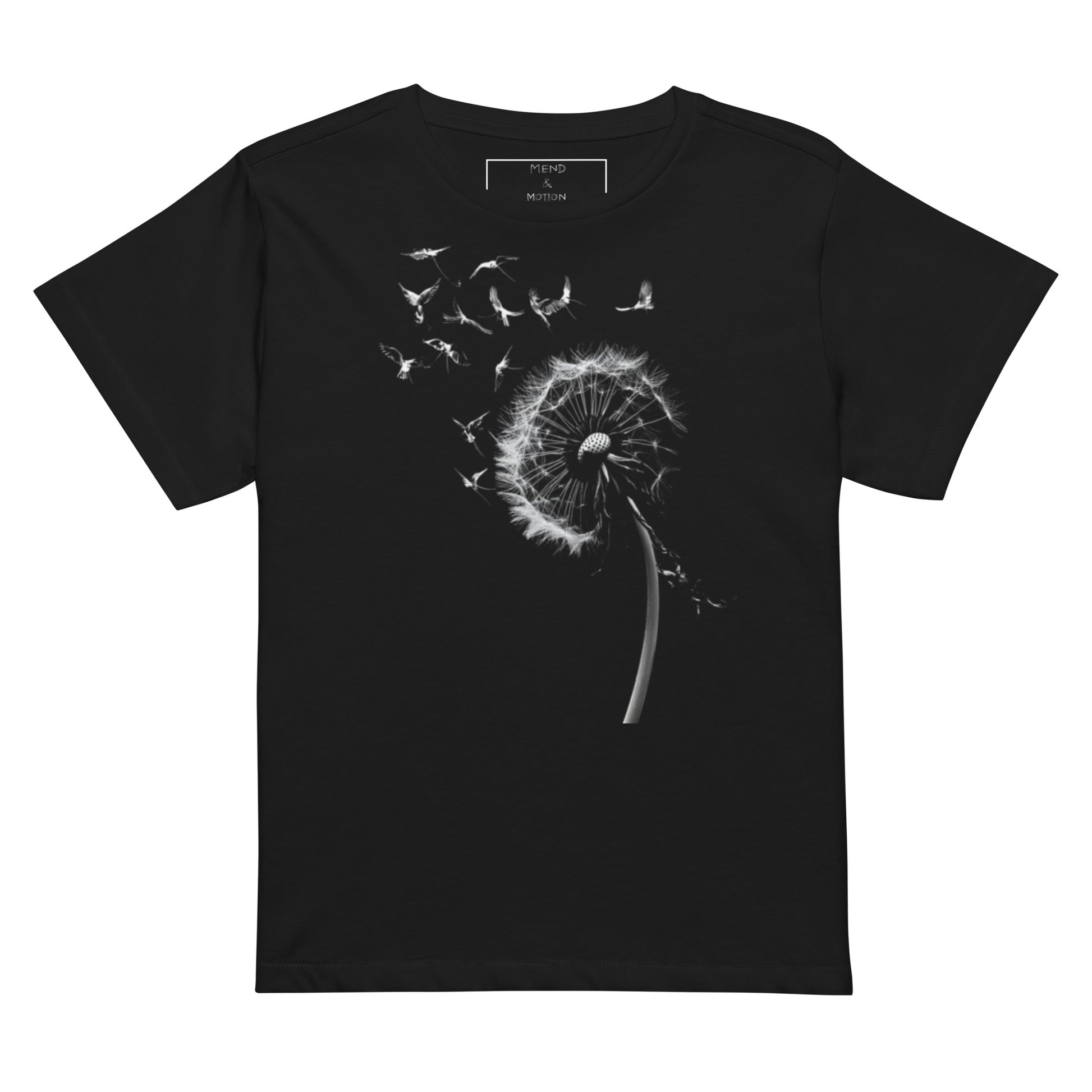 A black high-waisted tee featuring an elegant white dandelion design with flying birds, symbolizing freedom and transformation.