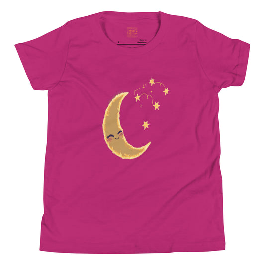 Youth berry-colored tee featuring a happy crescent moon and yellow stars design on the front.
