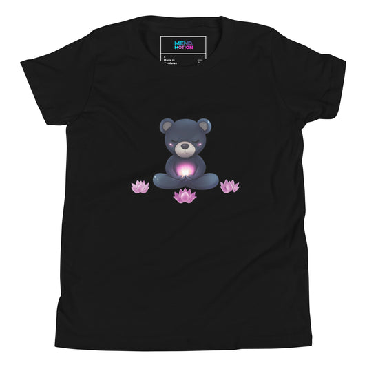 Youth black t-shirt featuring a meditating bear with glowing pink energy and lotus flowers