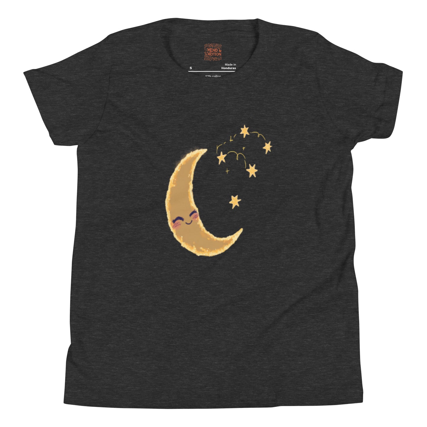 Youth dark heather grey tee featuring a golden crescent moon with a happy face and yellow stars.