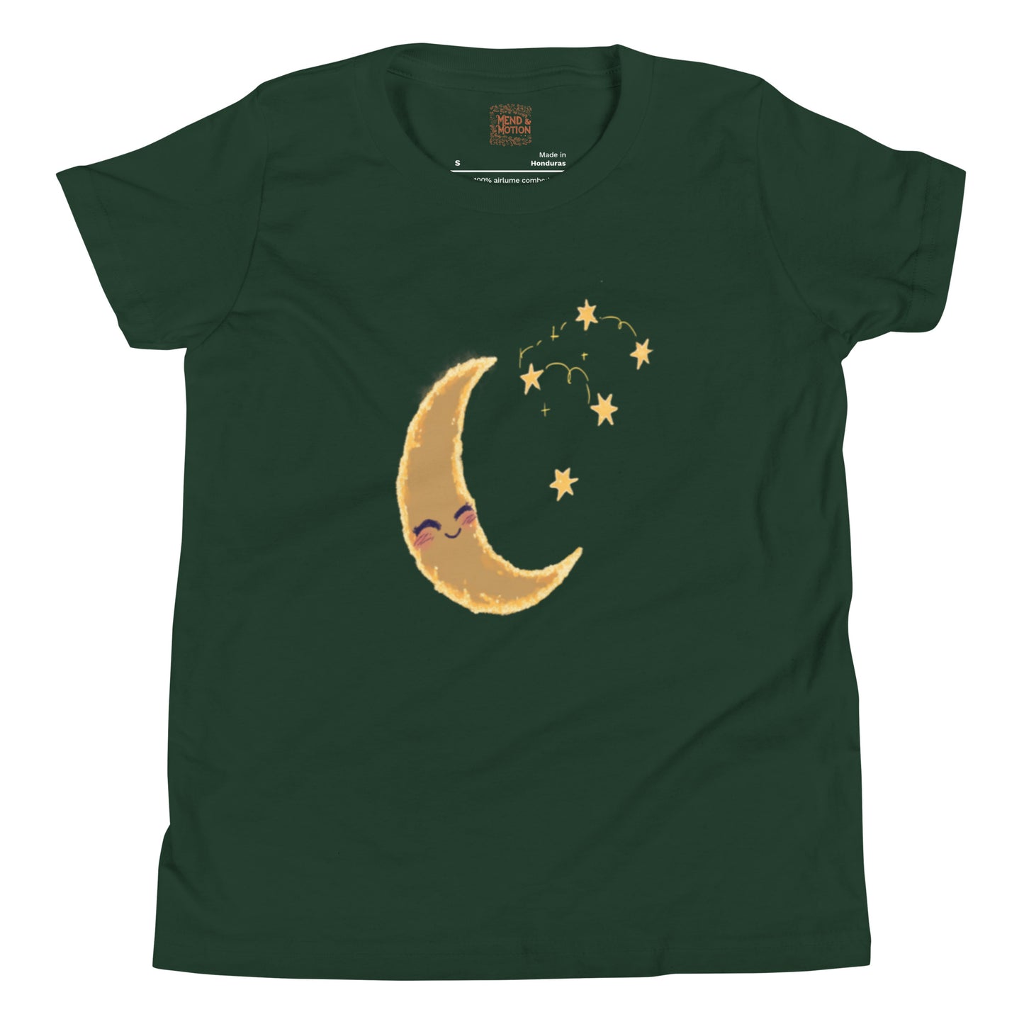 Forest green youth tee with a cheerful golden crescent moon surrounded by twinkling stars.