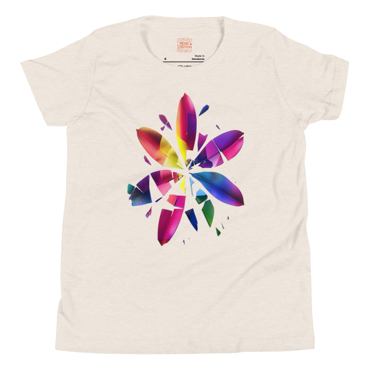Light heather dust youth tee showcasing a vibrant shattered flower with multi-colored petals.