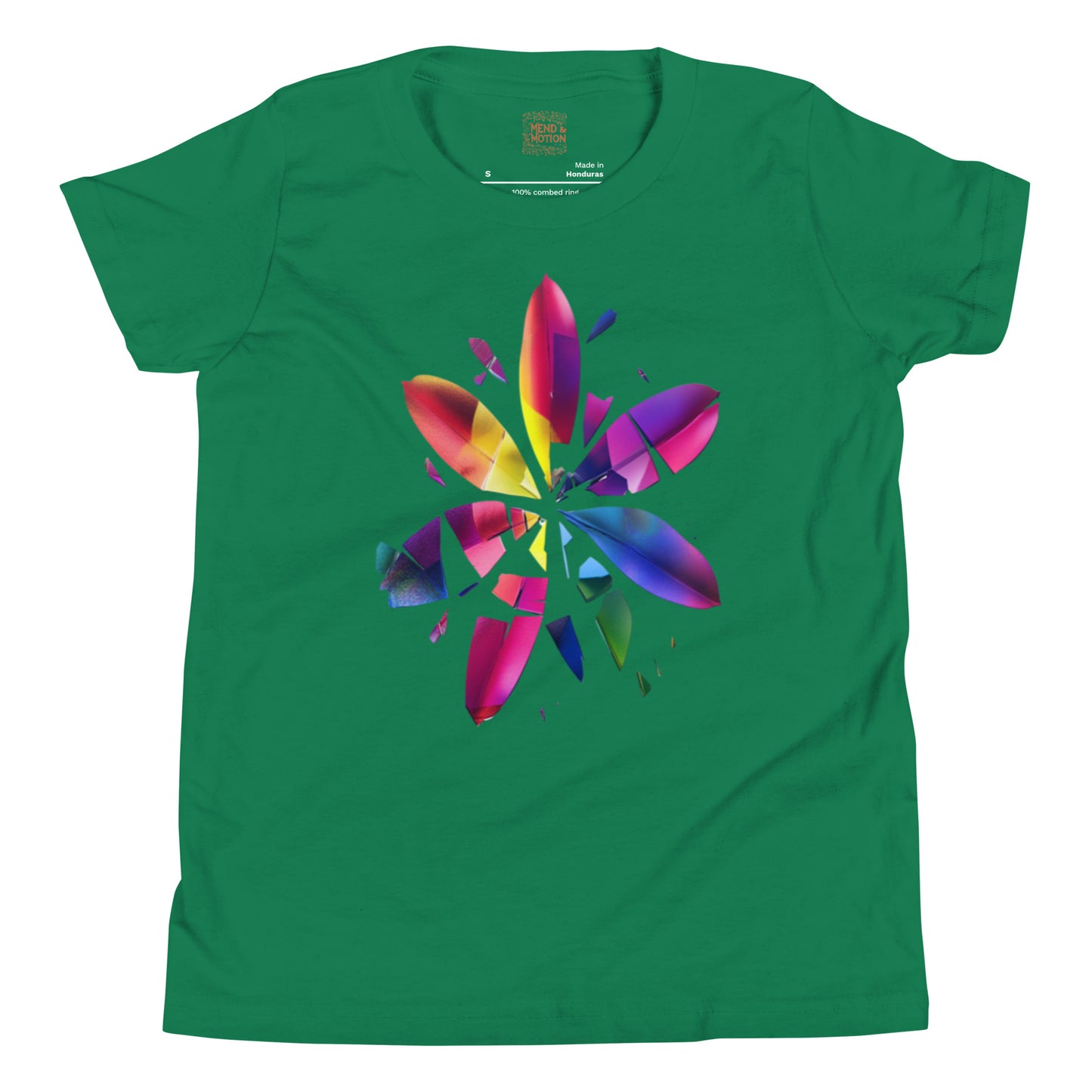 Bright green youth t-shirt featuring a colorful shattered flower design with rainbow petals.