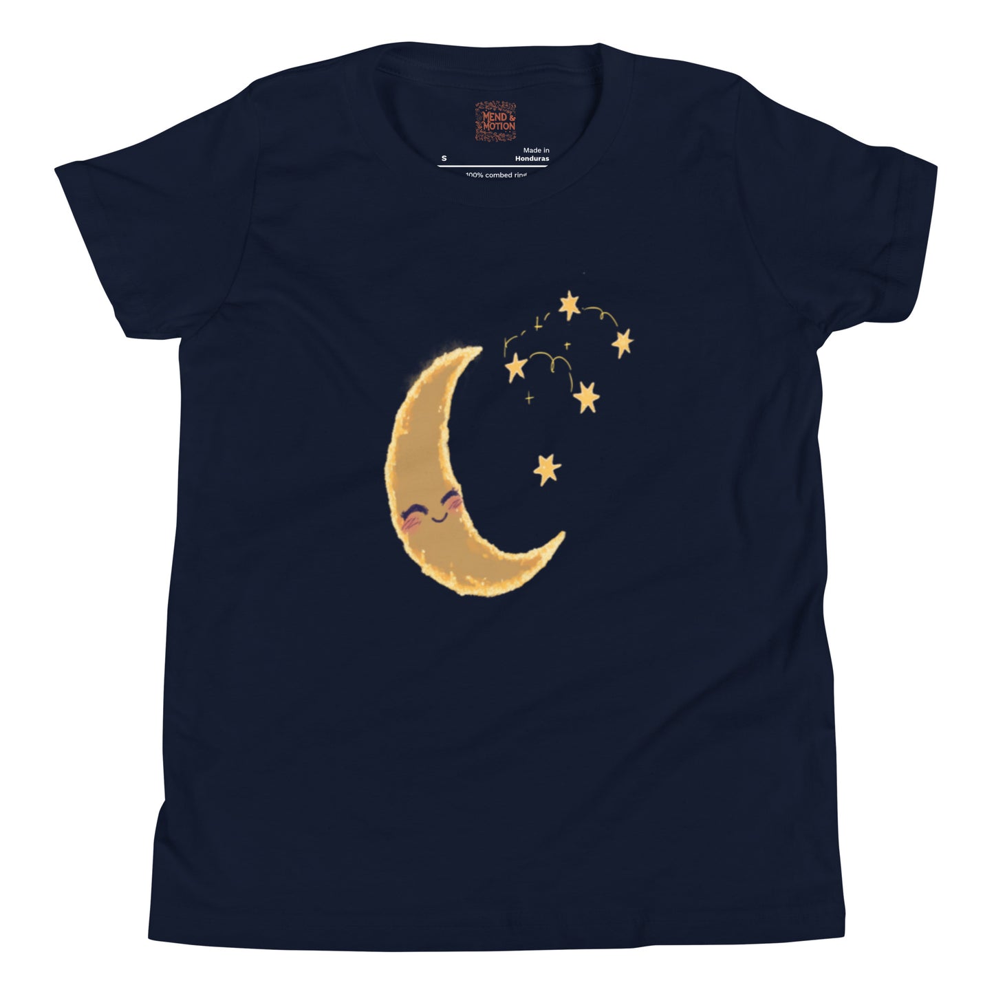 Navy blue youth tee with a joyful crescent moon and stars illustration in golden tones.