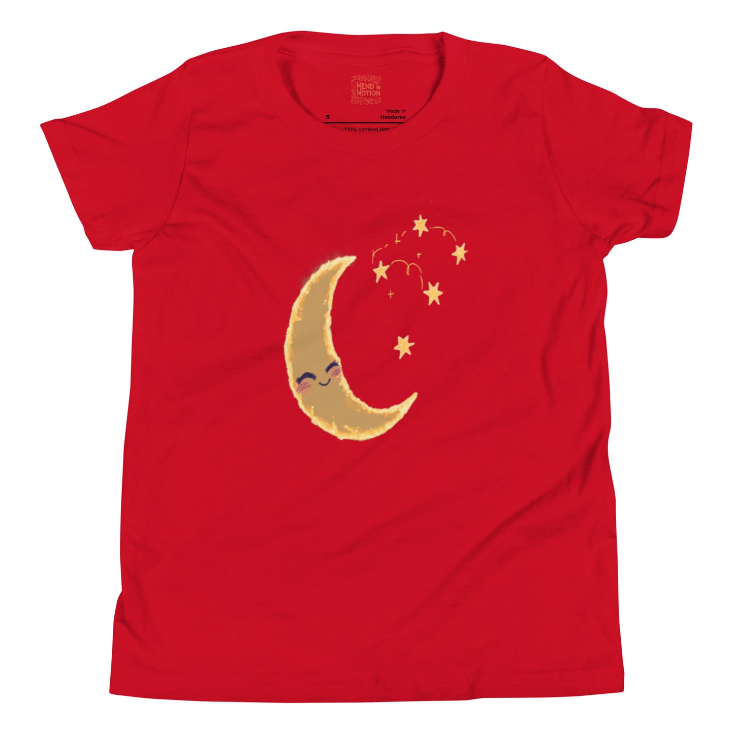 Bright red youth tee with a smiling golden crescent moon design and yellow stars on the front.
