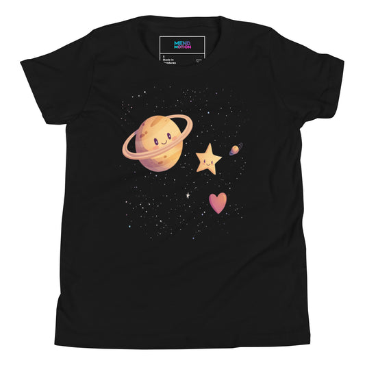 Youth black tee featuring a cute space design with Saturn, a star, a heart, and a small planet on a starry background