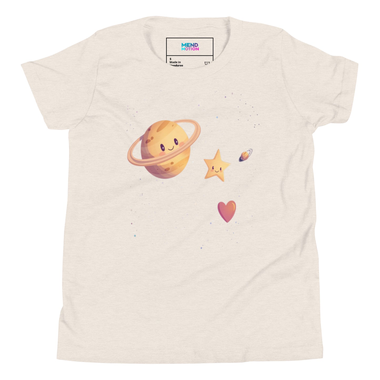 Youth heather dust tee showcasing a charming space design with Saturn, a star, a heart, and a small planet on a light starry background