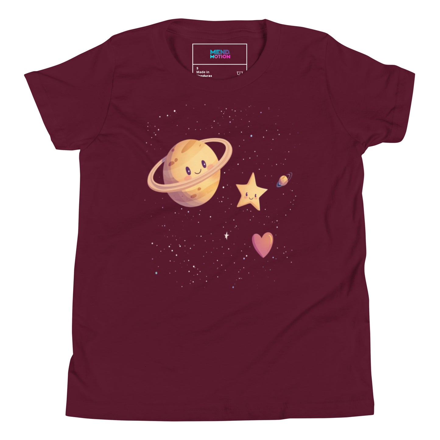 Youth maroon tee with a playful cosmic design featuring Saturn, a star, a heart, and a small planet in a starry sky