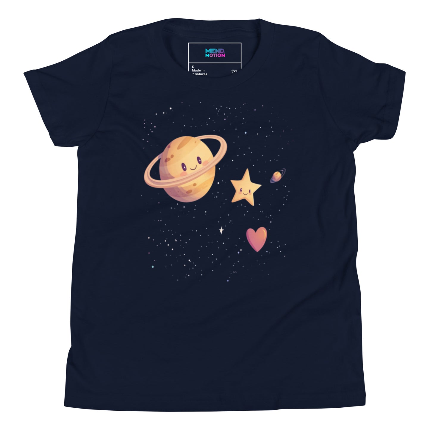 Youth navy tee adorned with a cute space-themed design including Saturn, a star, a heart, and a tiny planet on a starry background