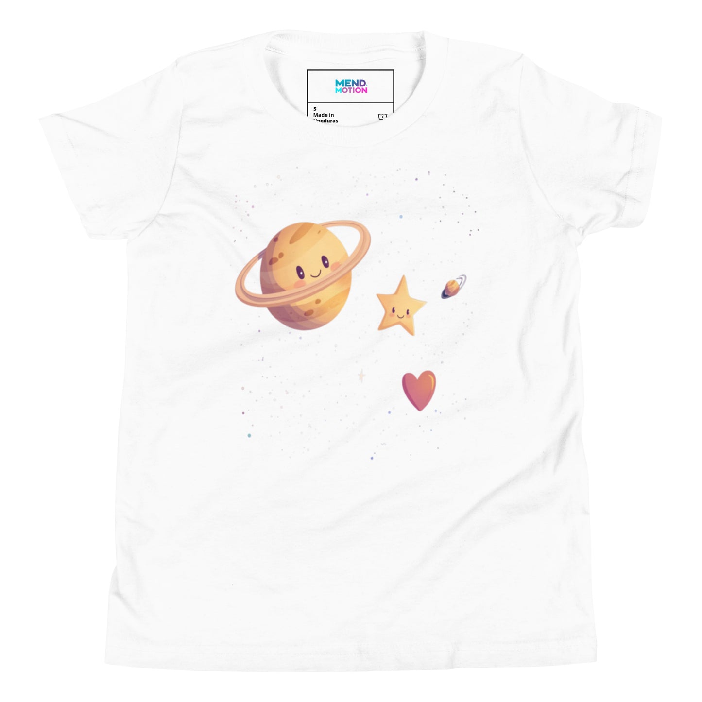 Youth white tee featuring a cheerful space design with Saturn, a star, a heart, and a small planet against a light background